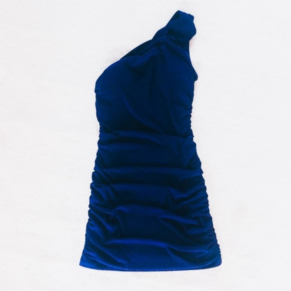 RUBY ROX Blue 1 Shoulder Ruched Mini Dress - Large
